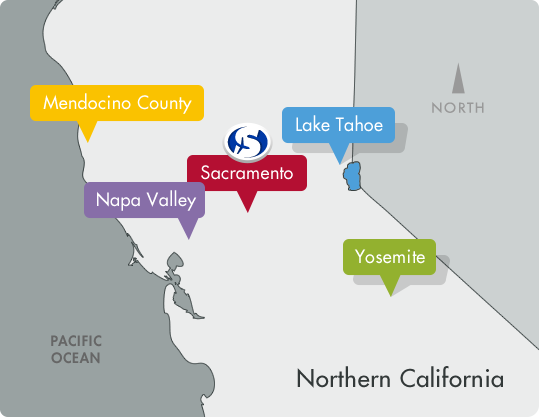 Northern California Travel Destinations Map: Mendocino County, Lake Tahoe, Sacramento, Napa Valley and Yosemite